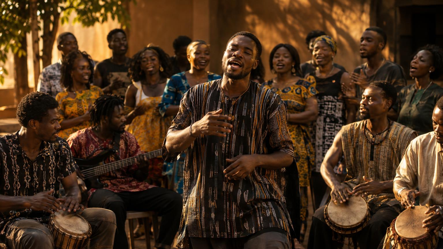 Lead singer with a surrounding communal choir and percussionists in golden light evoking Zinli rhythm and luminous communal voices.