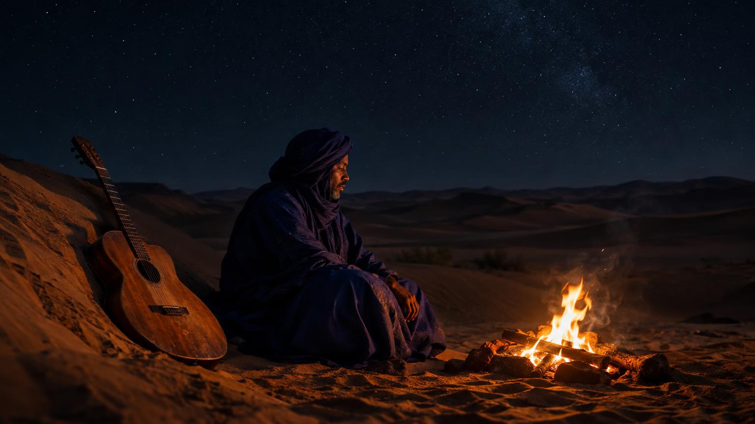 Singer wrapped in indigo cloth beside an acoustic guitar at a small fire on Sahel dunes under a starry sky.
