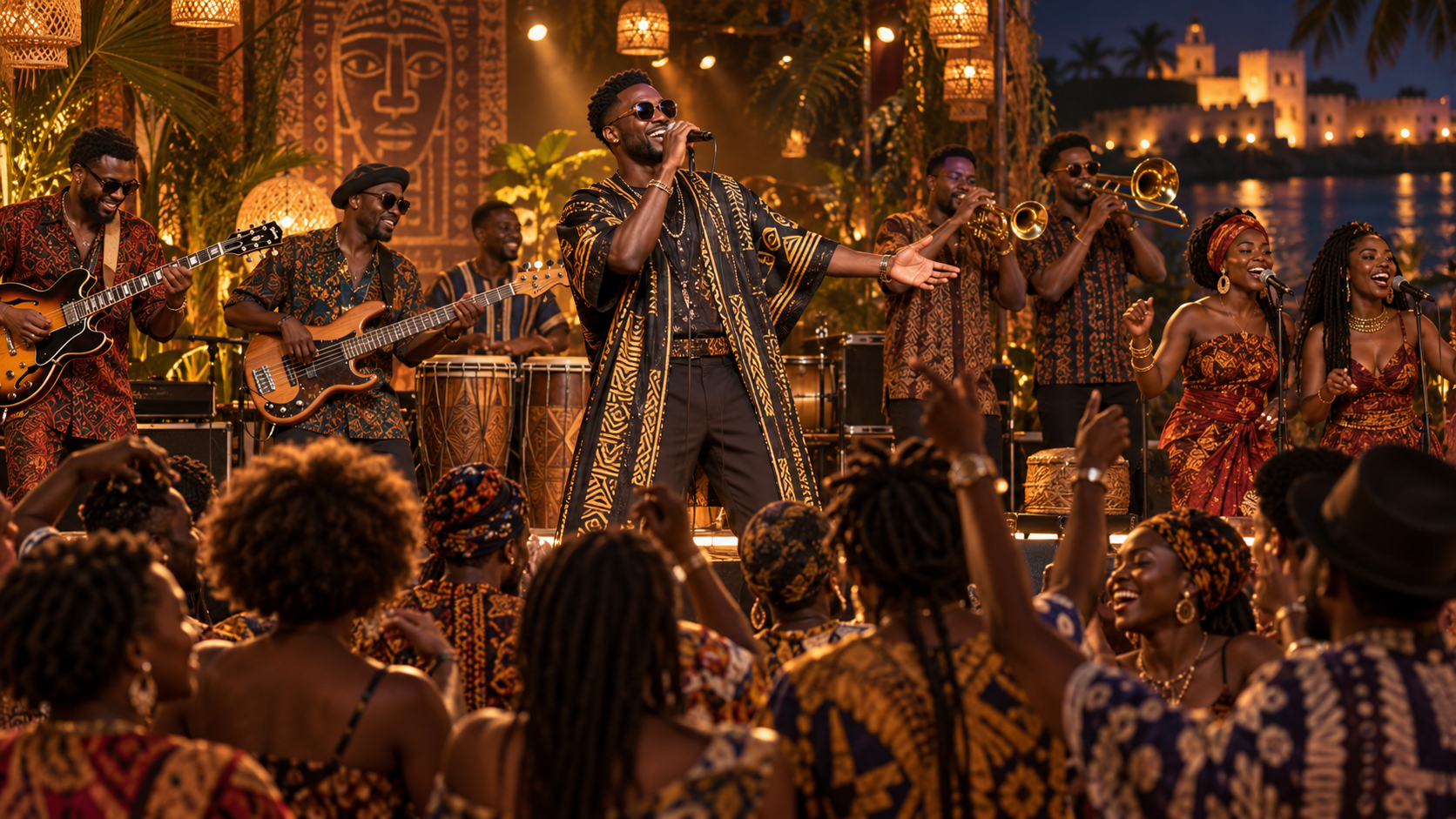 Afro-Funk band performing at night: bassist, Highlife guitarist, vintage brass and Fon percussion with audience call-and-response.