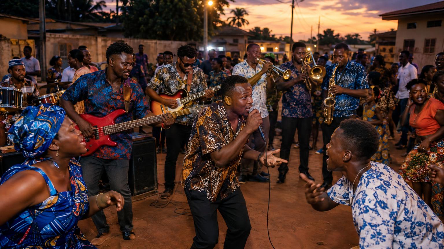 Multigenerational crowd dancing in Abomey around musicians: bassist, highlife guitarist and brass players; a singer leads call-and-response while others reply in Fongbé.