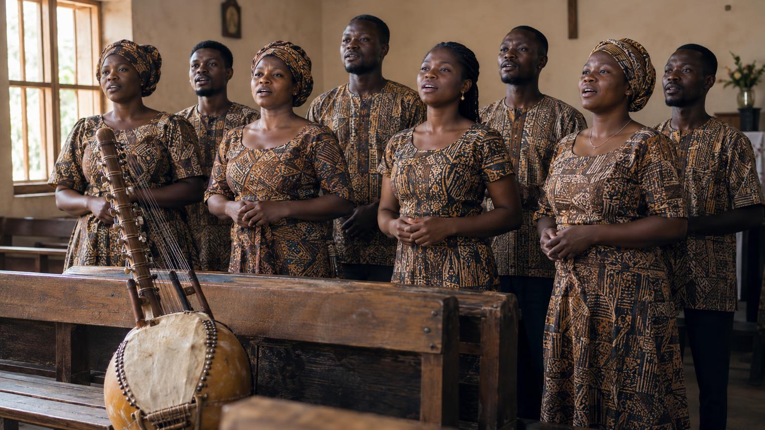 Choir in warm light beside an acoustic kora, suggesting a Beninese Fon prayer song setting.