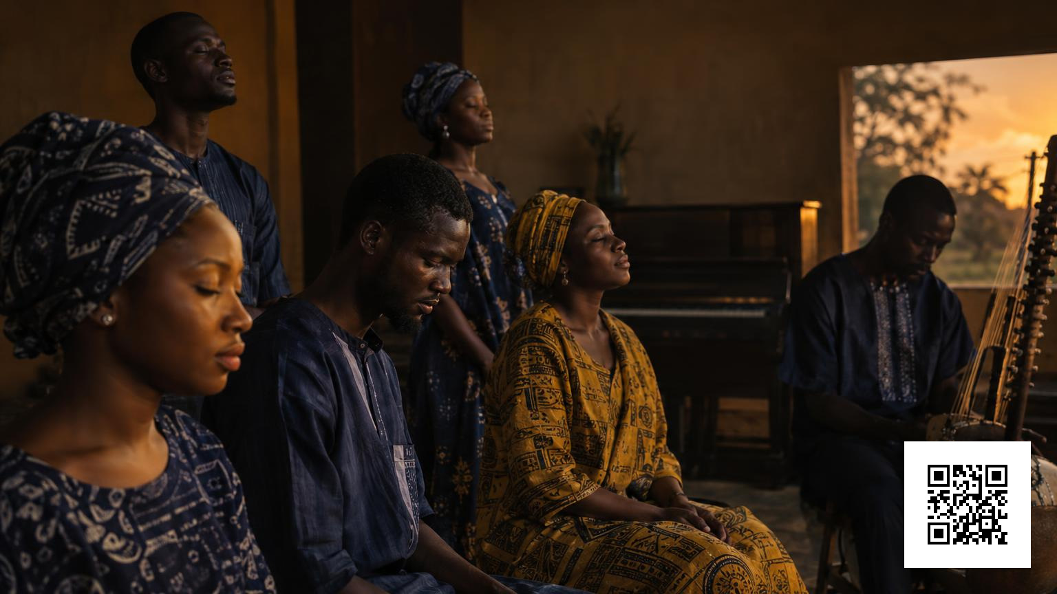 Beninese choir with kora silhouette and Fon title in warm evening light.