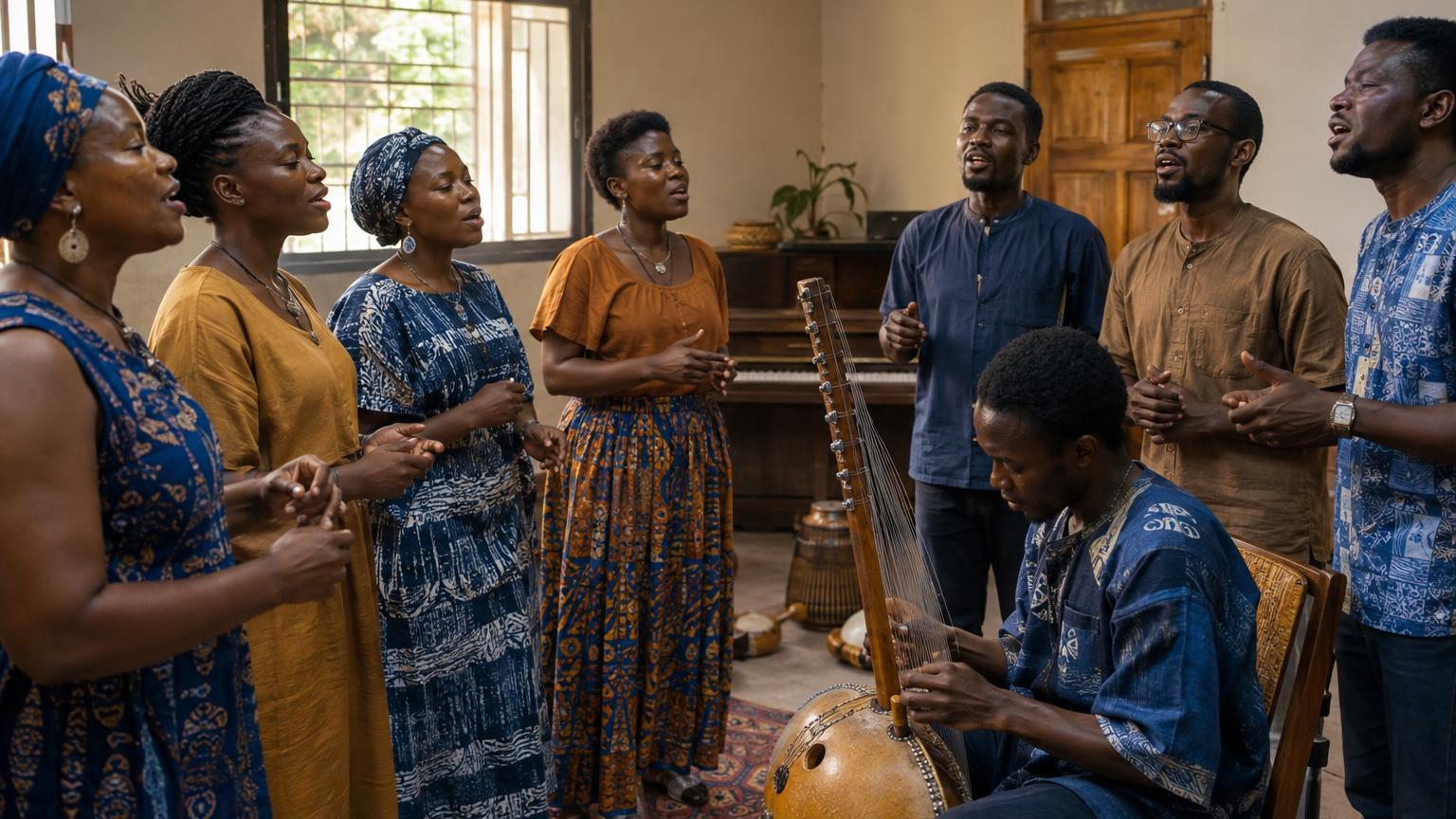 Chorale Azɔ singing in a small room in Benin with a kora player and piano visible, warm lighting.