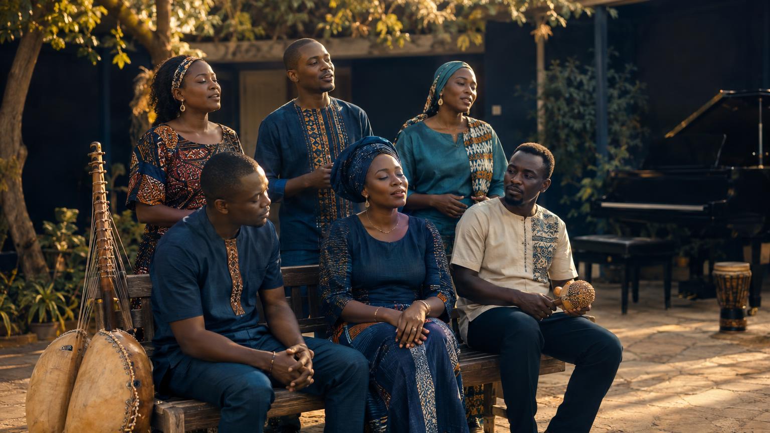 Choir in a sunlit courtyard with a kora and piano, suggesting a calm Beninese gospel song.