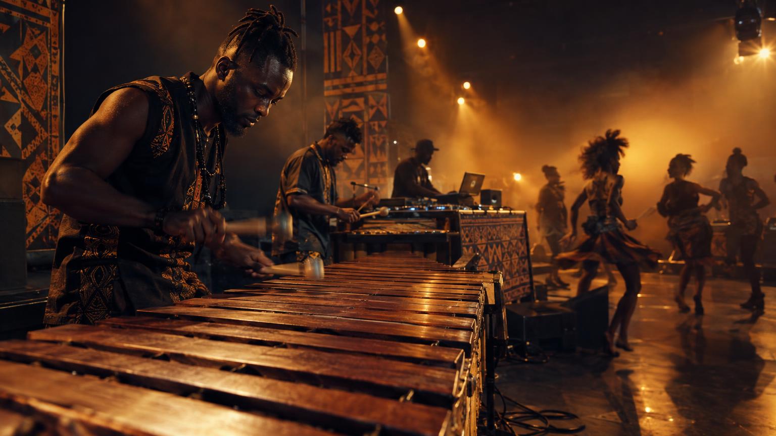 Illustration of marimba players and dancers in an earthy Afrohouse tribal scene, evoking rhythm and communal energy.