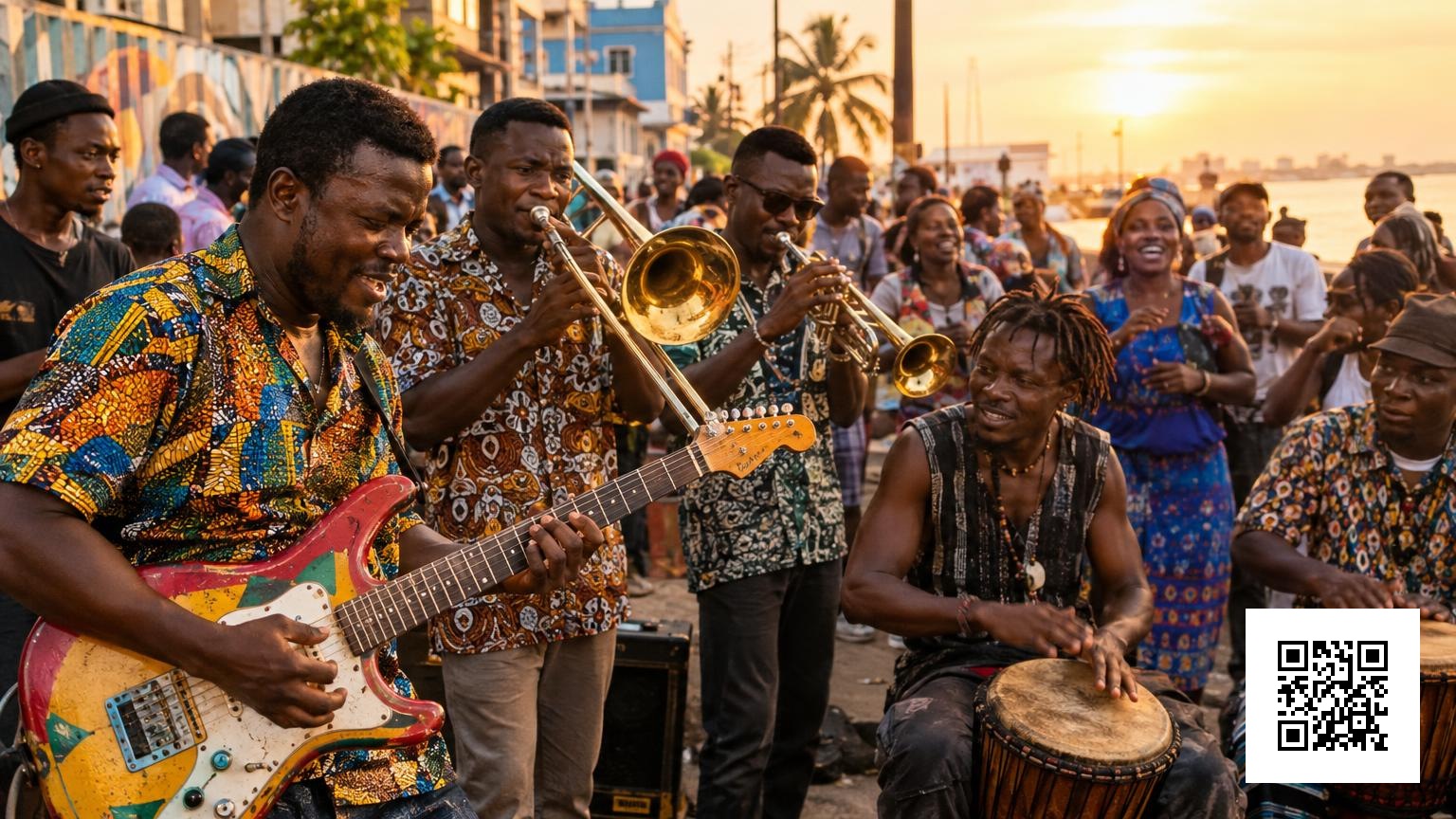 Live-band scene in Cotonou with Highlife guitar, vintage brass and Fon percussion; crowd answering in call-and-response, warm golden light.