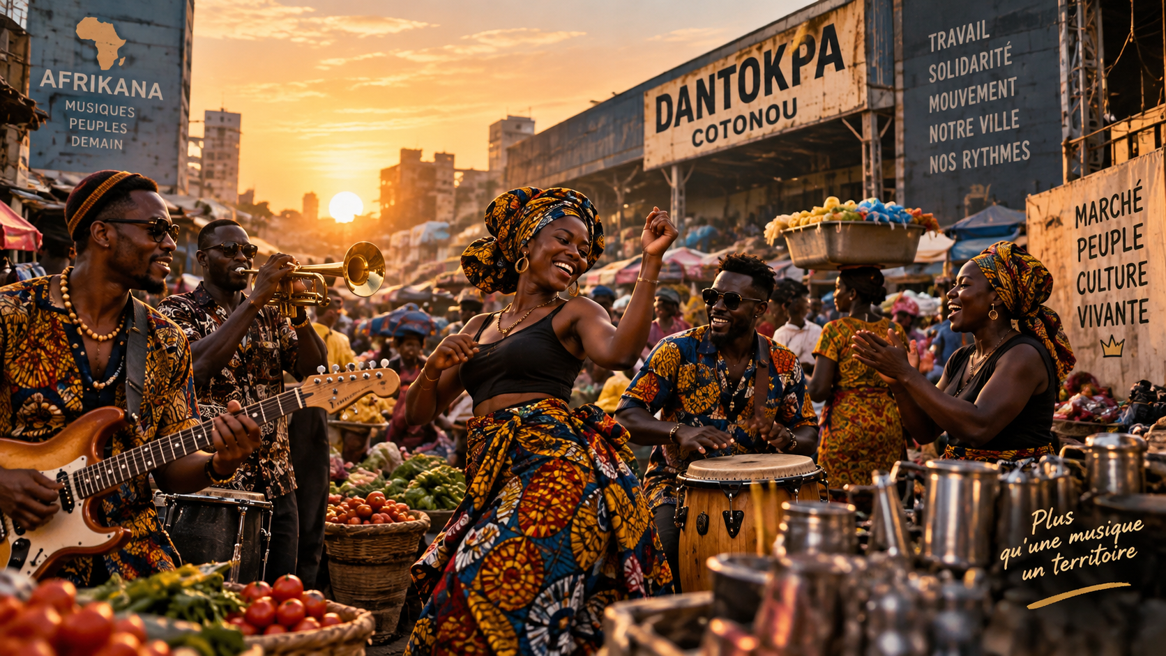 Musicians playing guitar, brass and metallic percussion in a busy Cotonou market at dawn, vendors and stalls visible behind them.