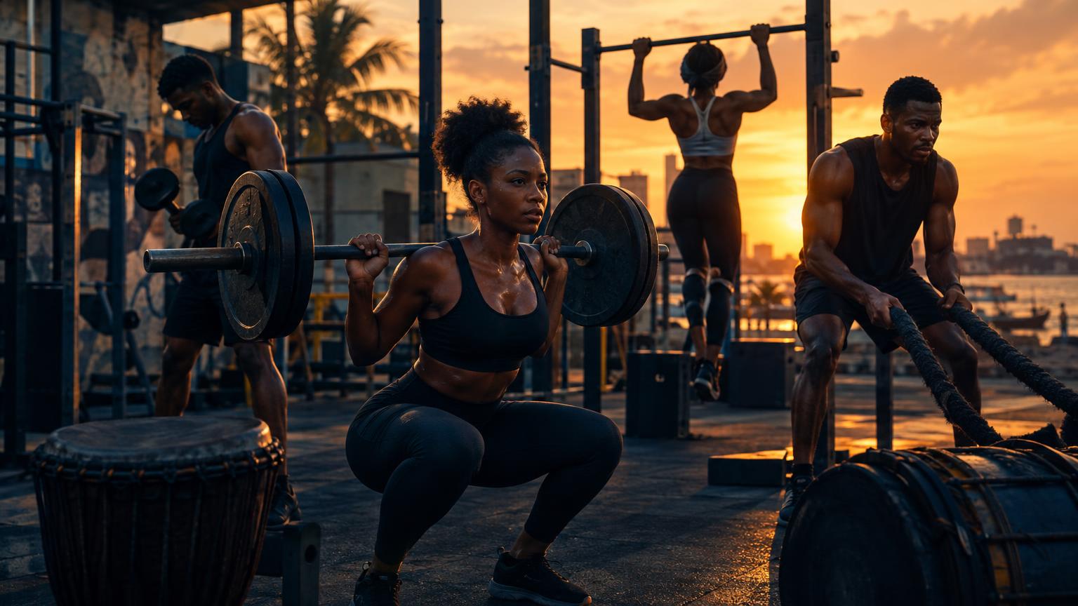 Benin urban workout scene with stylised djembe and tama icons, Fon title Gàn Wè and 100 bpm tag.