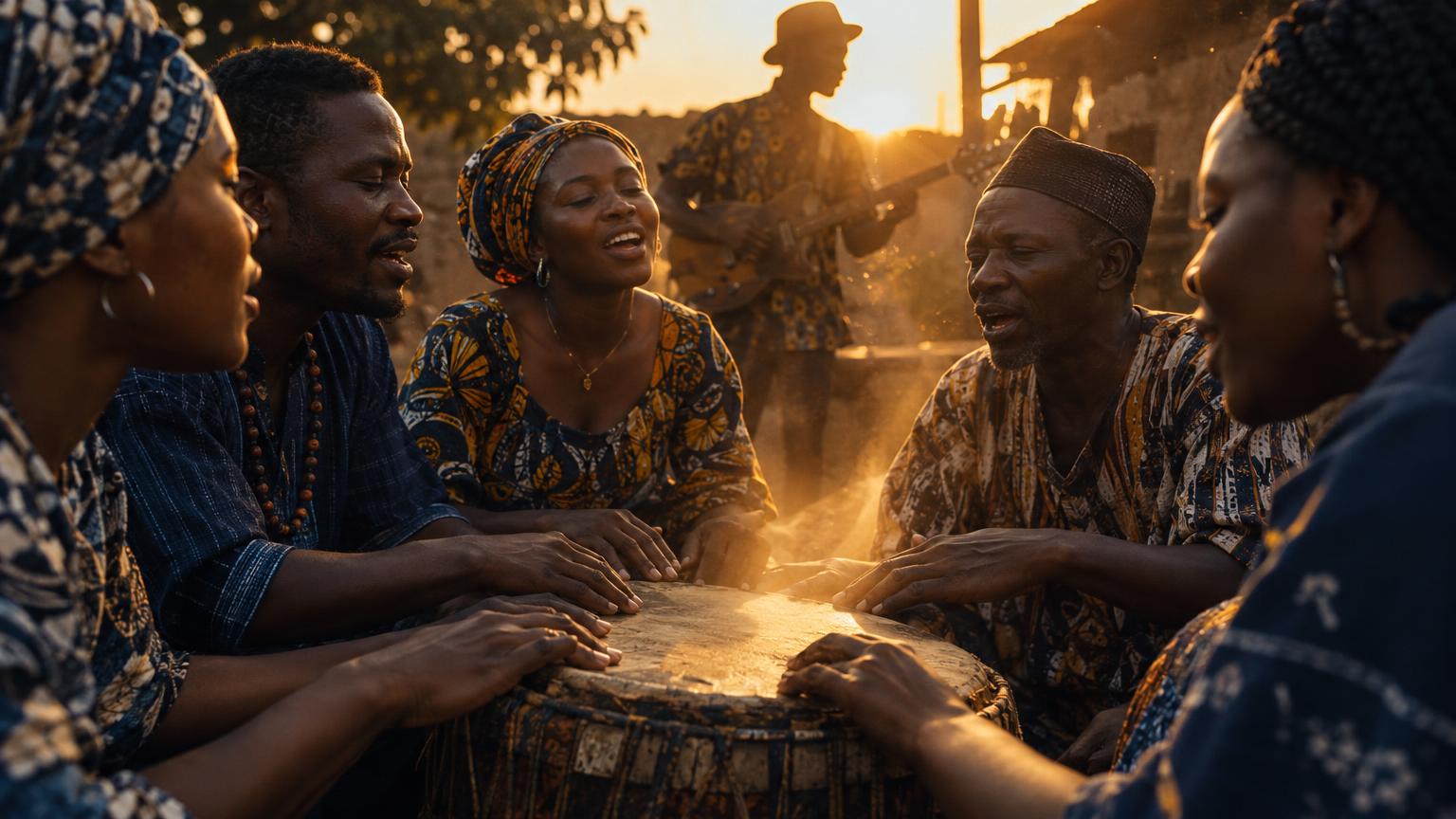 Warm scene of singers standing in a circle with hands on a central drum, a guitarist silhouette behind them, visual rhythm lines radiate from the drum.