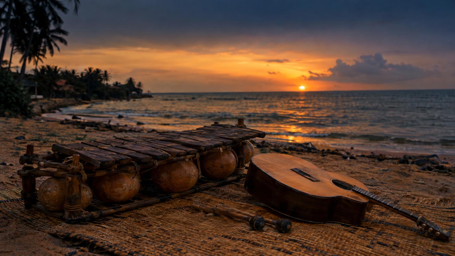 Dusk shoreline between Benin and Togo with a balafon and acoustic guitar on a woven mat beneath an ochre and indigo sky.