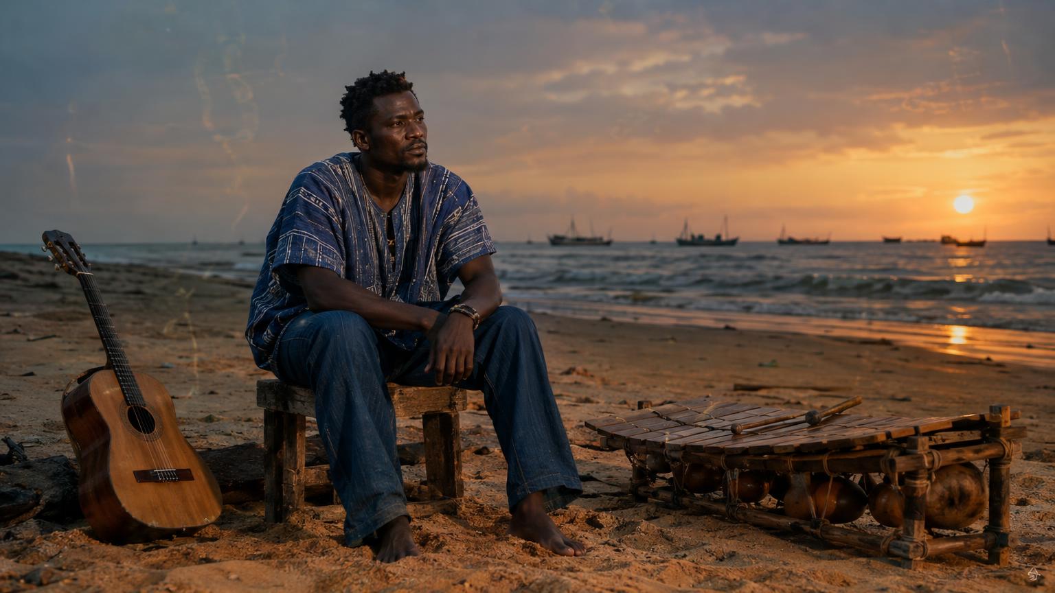 Singer with balafon and guitar at dusk on a Benin/Togo shoreline, warm light.