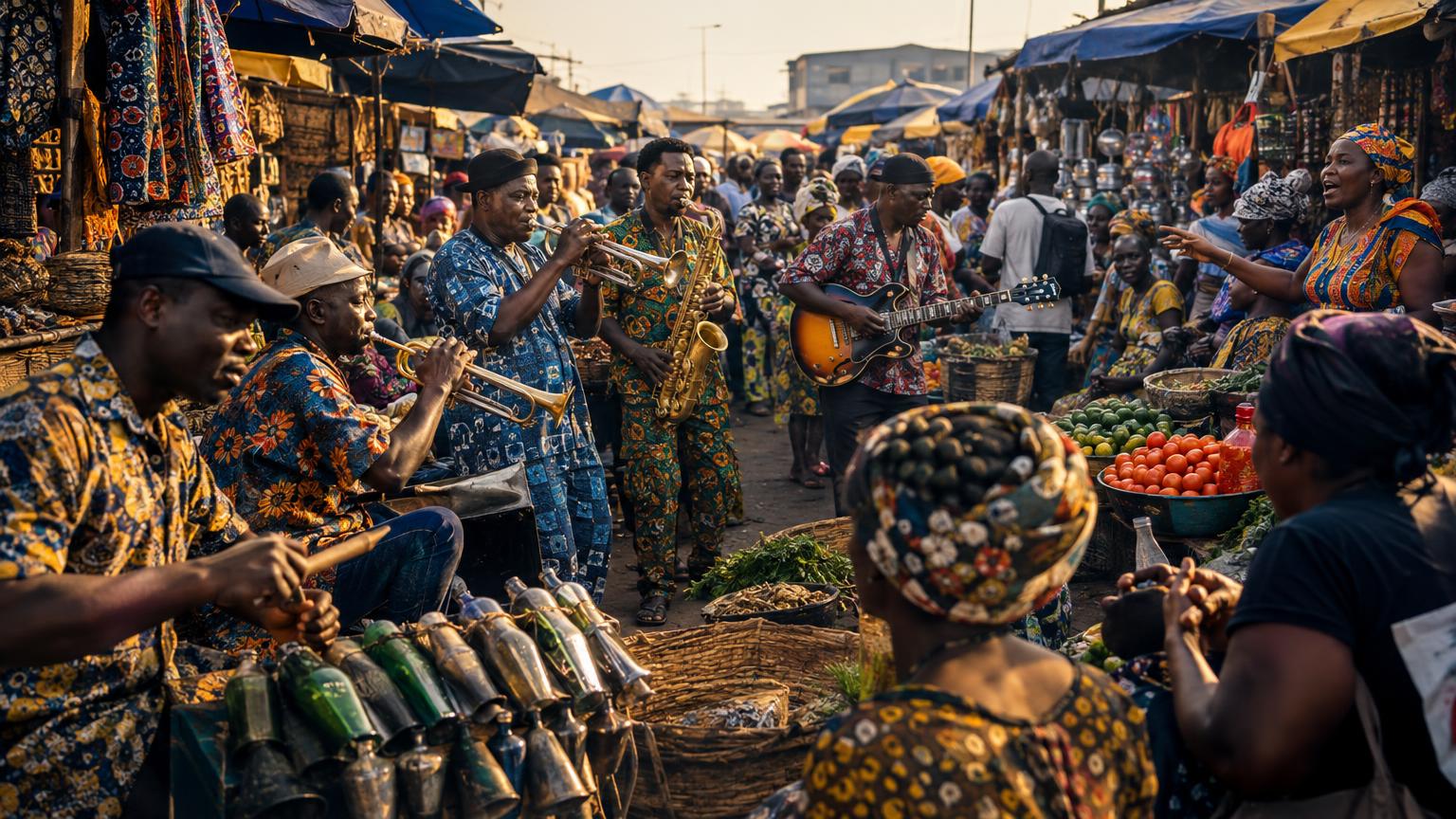 Dantokpa market at sunrise with brass players, Highlife guitarist and vendors calling in a crowded scene.