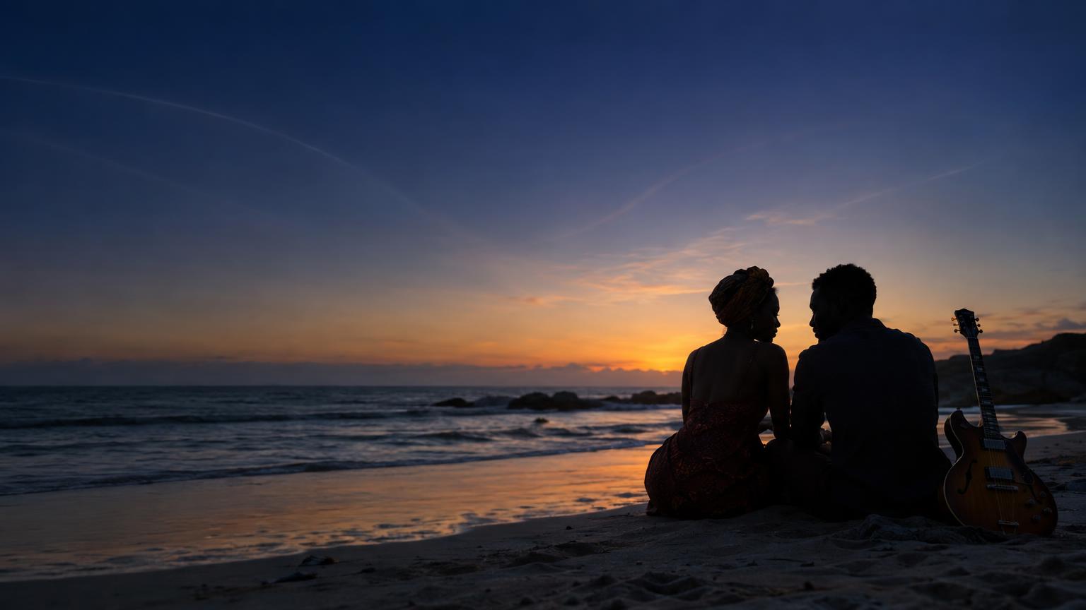 Two lovers meet on a shoreline at dawn, indigo night giving way to golden horizon; a guitar lies nearby, evoking romantic nocturnal music.