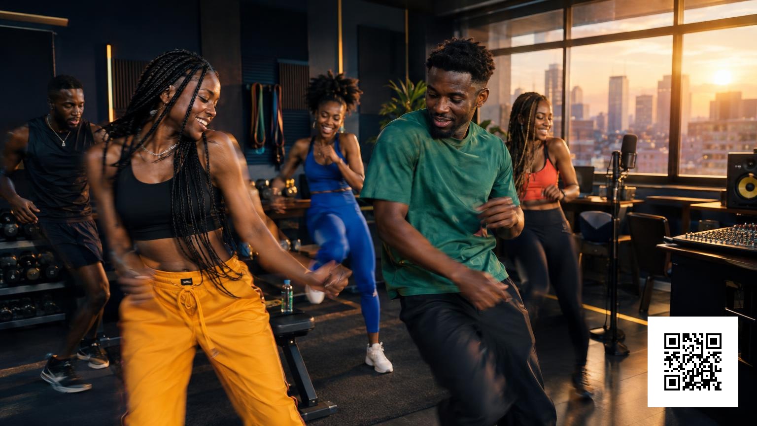 Kenyan young adults exercising and dancing in an urban studio, mid-tempo motion suggesting a steady 108 BPM pulse.