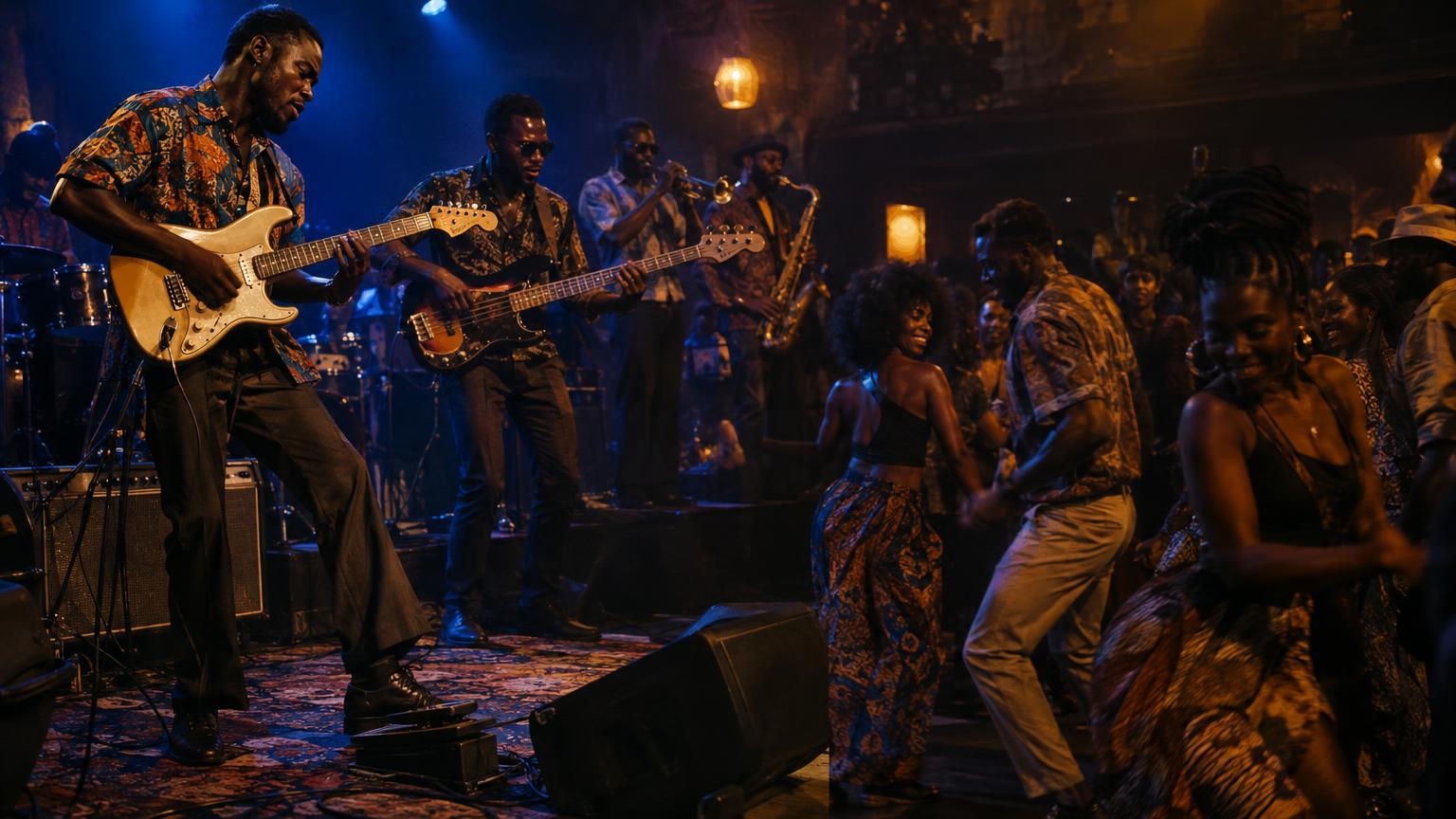 Nocturnal Afro‑Funk scene: wah‑wah guitarist, elastic bassist and vintage brass on a smoky amber‑indigo stage while dancers respond to Fon hooks.