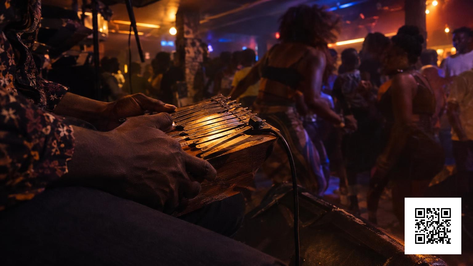 Electrified likembé on a dim club stage with dancers' silhouettes and neon lights, evoking a Kinshasa deep groove.