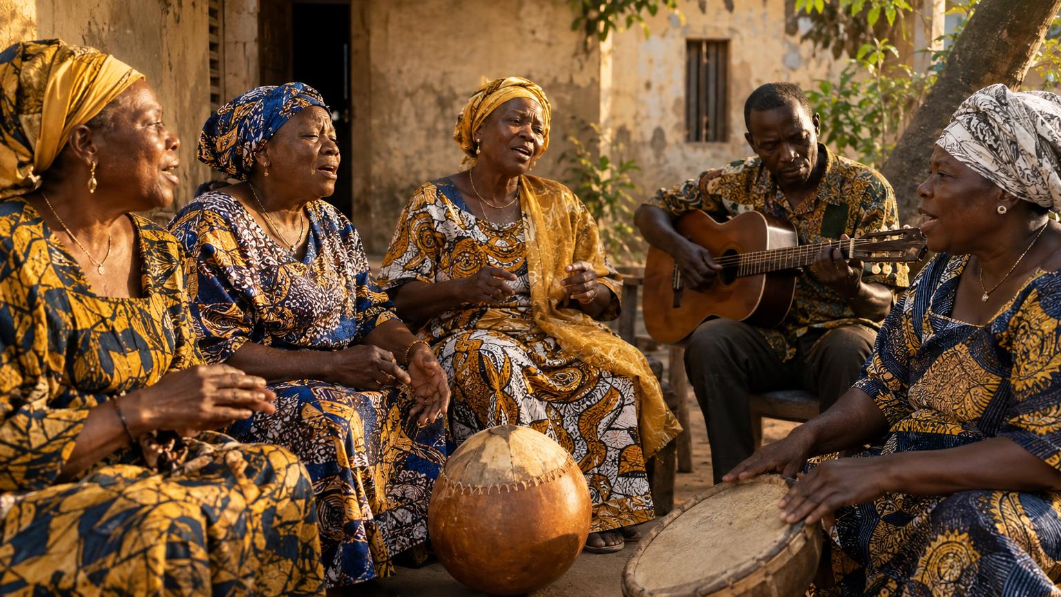 Elder women in a Beninese courtyard with a palm-wine guitarist and small choir, calabash and frame drum visible.
