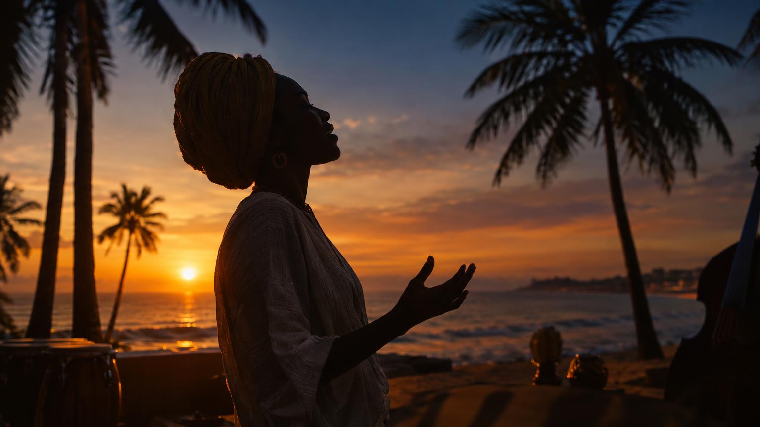 Senegalese coastal sunset with a singer silhouette and subtle rhythmic motifs for "Soleil et Désir".