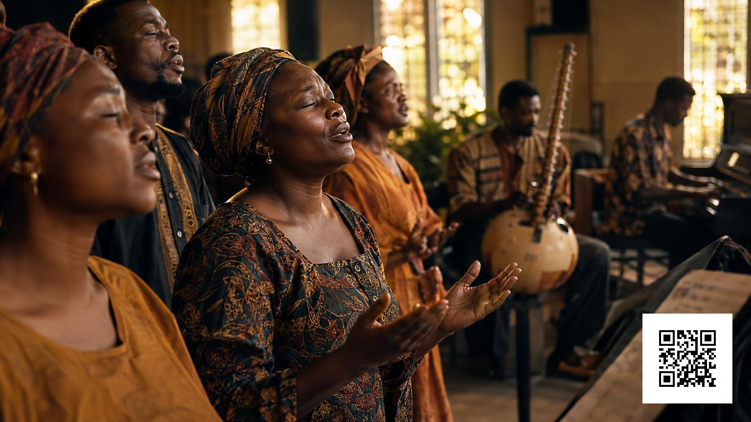 Choir gathered in warm light with a handwritten sheet titled Azɔ Mawu visible on a stand, 16x9 horizontal image.