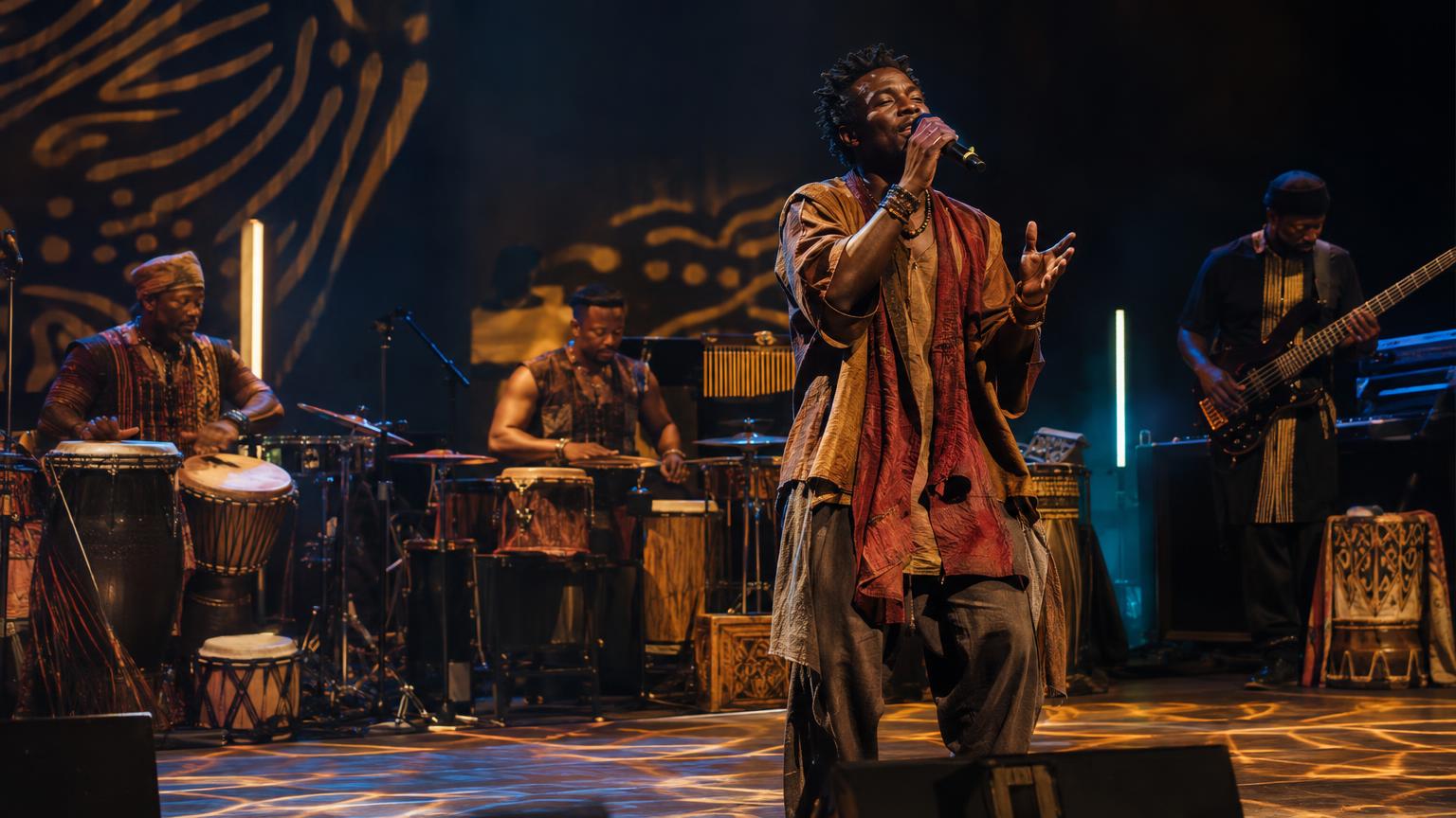 Live performance scene combining traditional West African percussion and modern bass visuals; vocalist leads while dancers and musicians embody resilience.