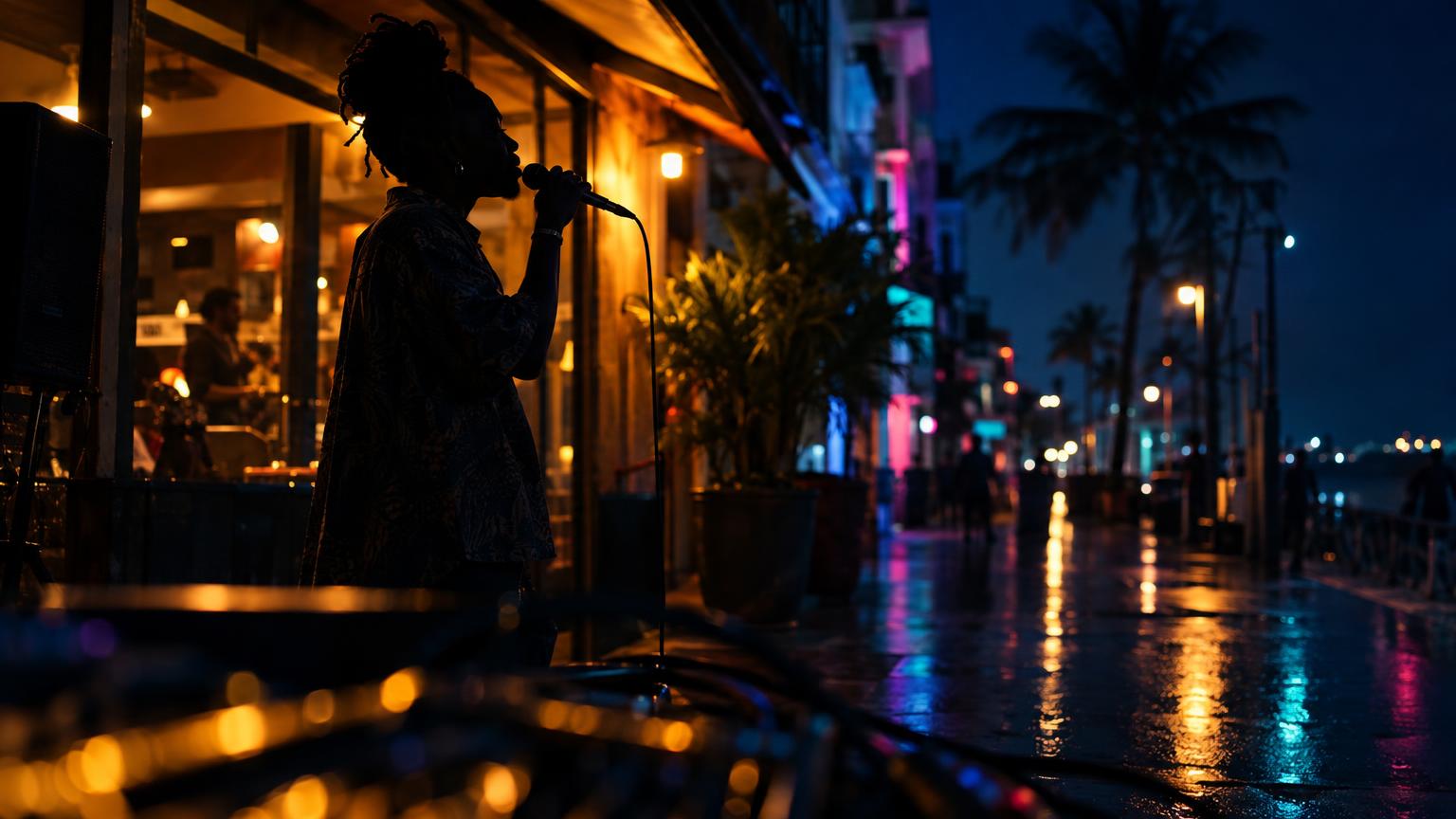 Zanzibar night street with club lights, waveform and silhouette, Swahili title Pesa Haziwatoshi.
