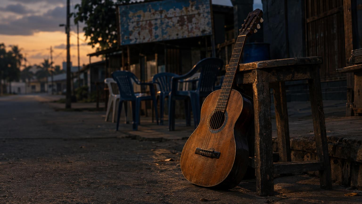 Nylon-string palm-wine guitar on a quiet Beninese street at dusk, empty chairs nearby.