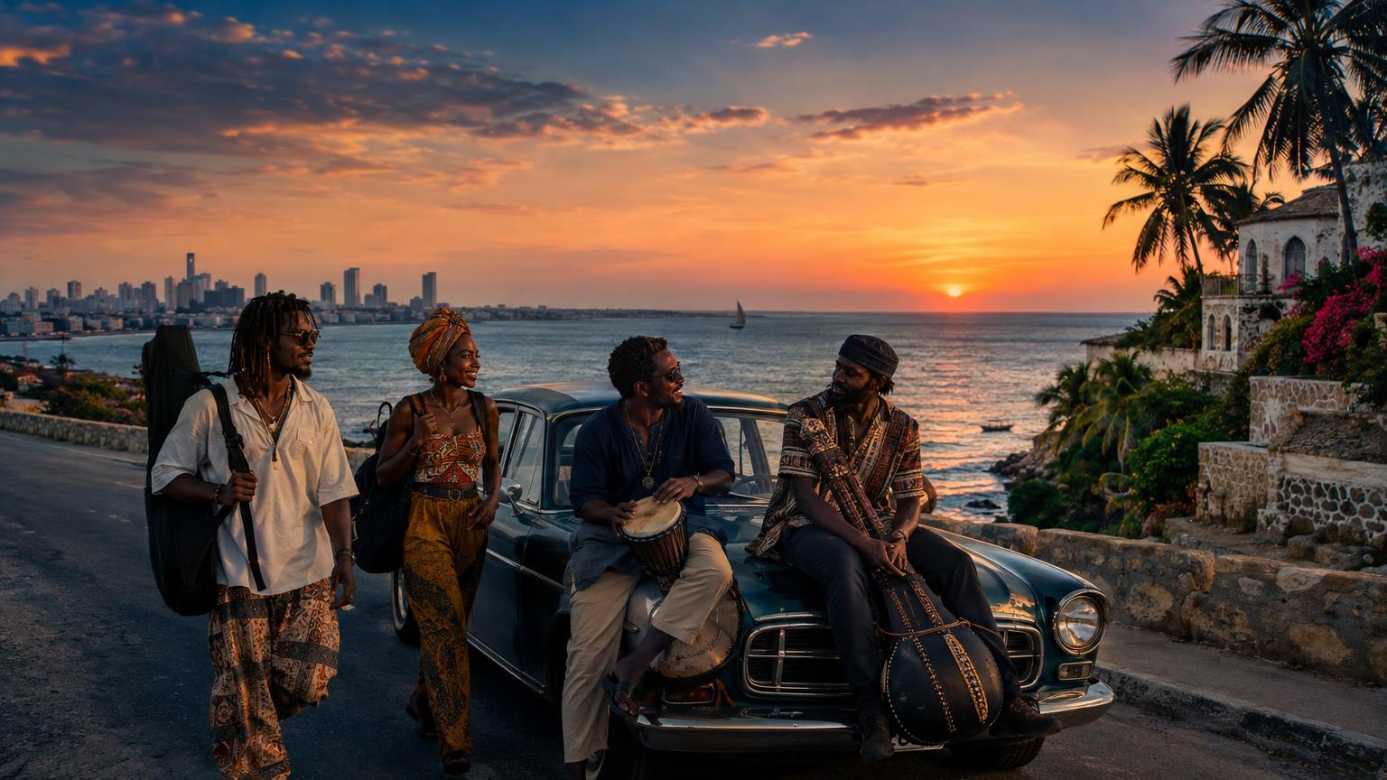 Twilight road from Dakar to Zanzibar with small Wolof, Swahili and French phrases and the video title overlay.