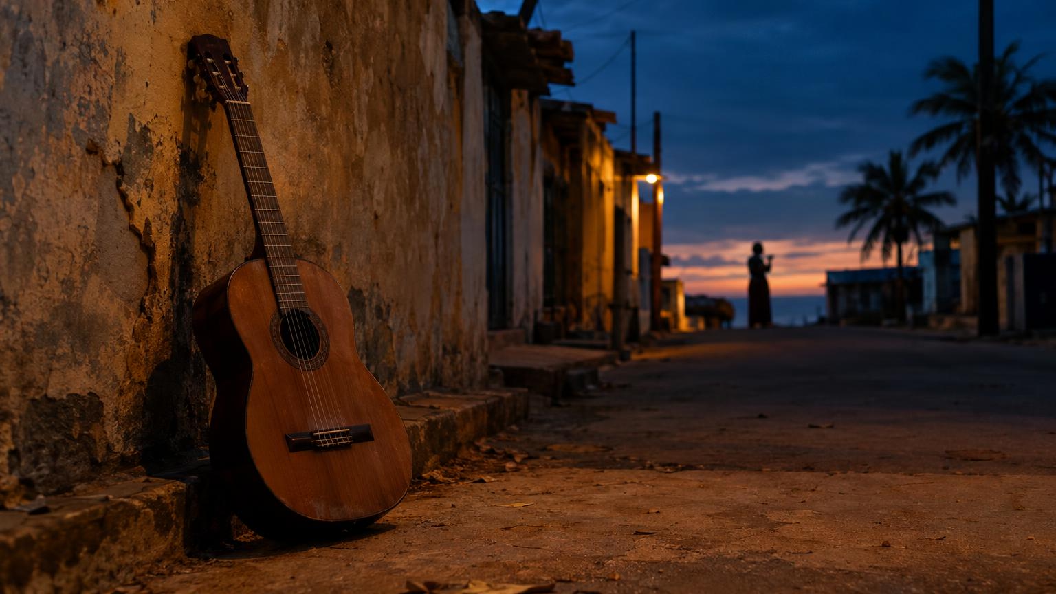 Nylon palm-wine guitar on an empty Beninese street at dusk, singer silhouette in the distance.