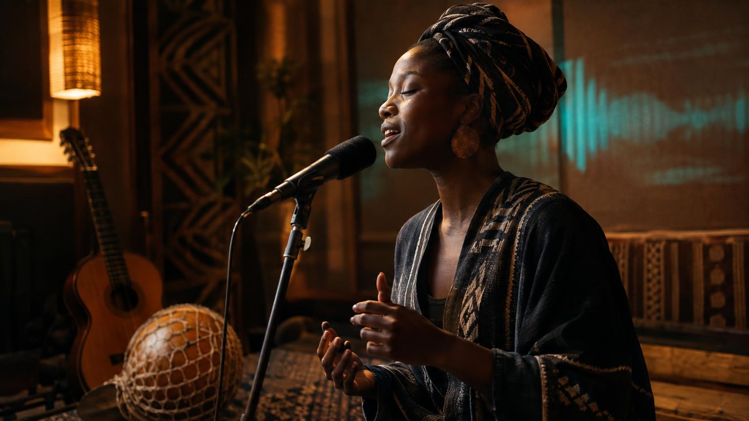 Singer with acoustic guitar and calabash beside woven textile motifs; warm earthy colors and subtle modern synth waveforms in the background, 16 by 9 composition.